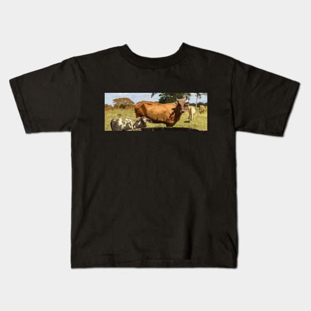 cow in the field Kids T-Shirt by rickylabellevie